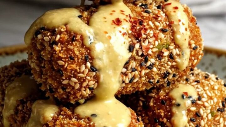 A close-up shot of golden-brown cauliflower croquettes with a sesame seed crust served with lemon tahini.