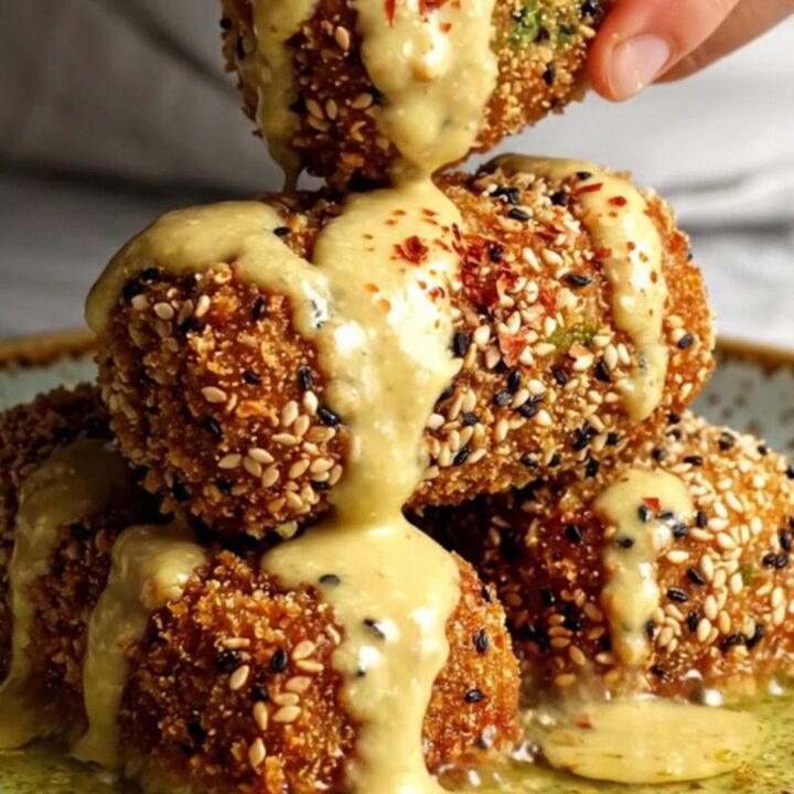 A close-up shot of golden-brown cauliflower croquettes with a sesame seed crust served with lemon tahini.