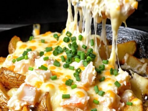 A cast-iron skillet filled with crispy golden potato wedges topped with a bubbling, melted crab and white cheddar mixture.