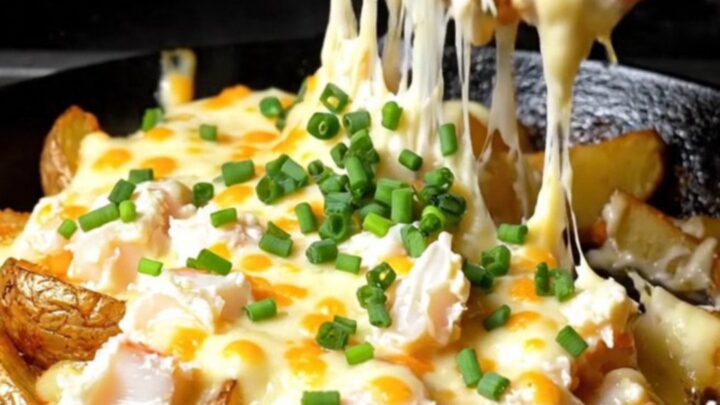 A cast-iron skillet filled with crispy golden potato wedges topped with a bubbling, melted crab and white cheddar mixture.