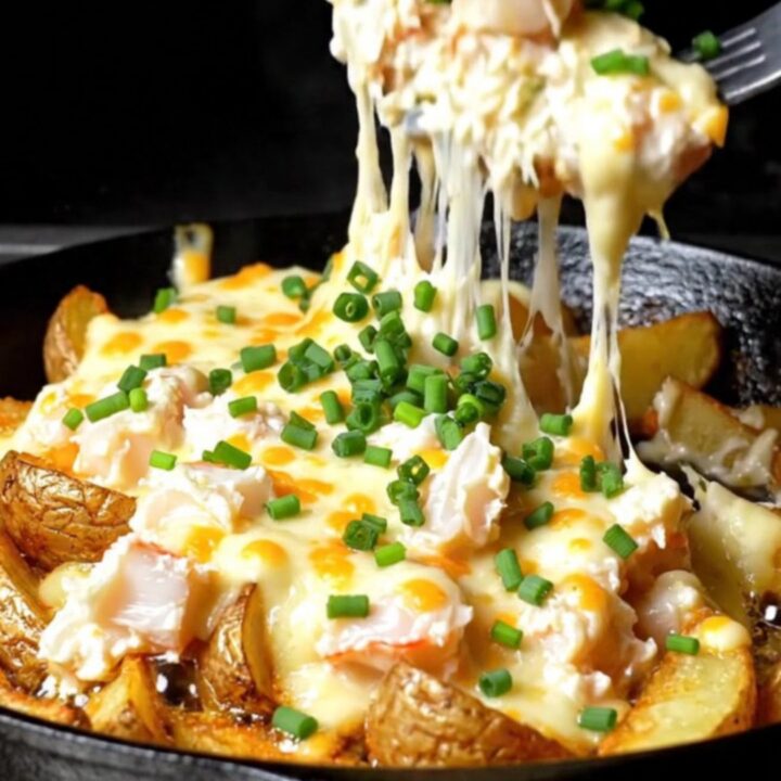 A cast-iron skillet filled with crispy golden potato wedges topped with a bubbling, melted crab and white cheddar mixture.