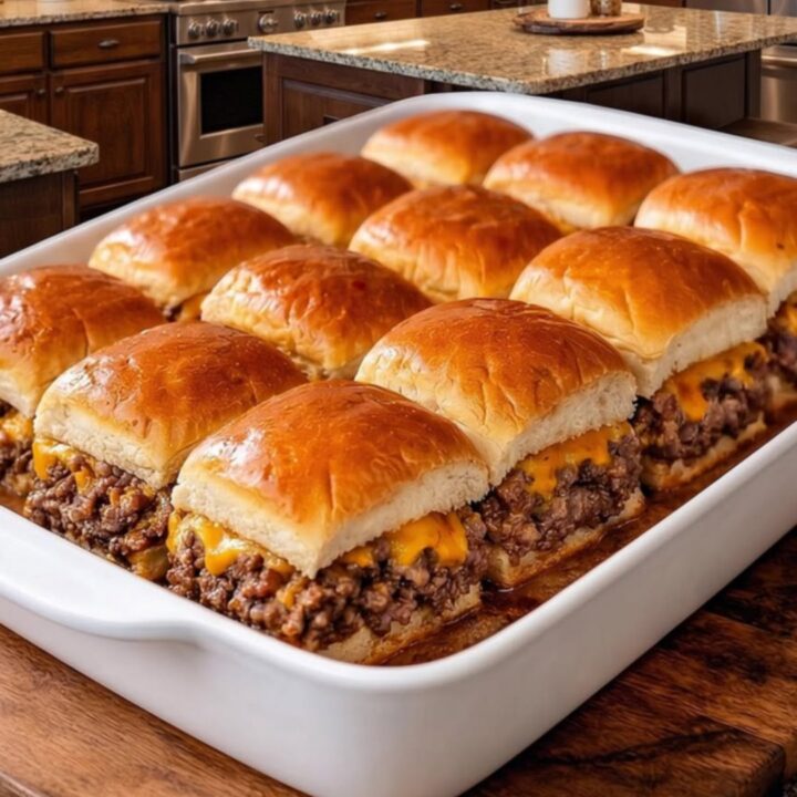 A white ceramic dish filled with twelve golden-brown cheeseburger sliders on a granite countertop.