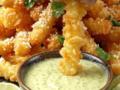 Crispy golden zucchini fries piled high on a dark slate board with lime wedges.
