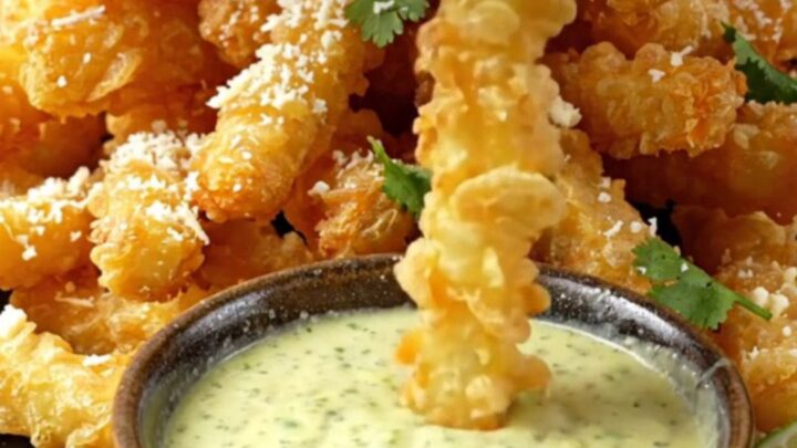 Crispy golden zucchini fries piled high on a dark slate board with lime wedges.