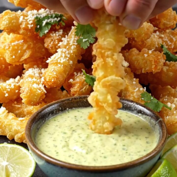 Crispy golden zucchini fries piled high on a dark slate board with lime wedges.