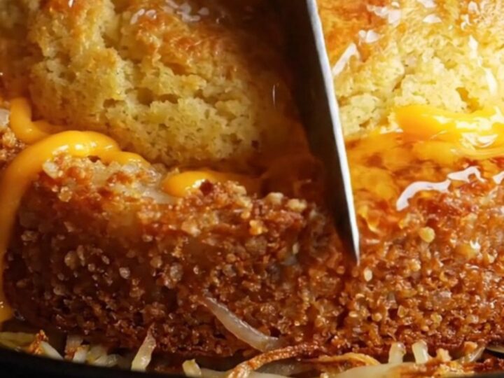 A golden-crusted skillet cornbread sliced into wedges, showing the crispy hashbrown potato bottom and cheesy center.