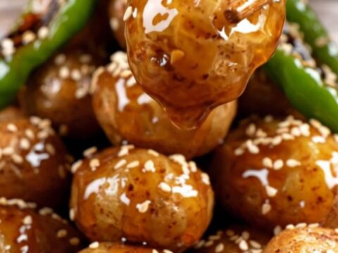 A close-up of crispy Korean baby potatoes glazed in a glossy soy-honey sauce with shishito peppers.