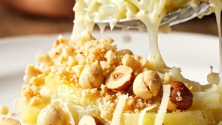 A close-up of a creamy celeriac and potato gratin in a ceramic dish with a golden, crunchy hazelnut-crust.