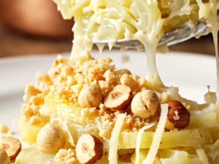A close-up of a creamy celeriac and potato gratin in a ceramic dish with a golden, crunchy hazelnut-crust.