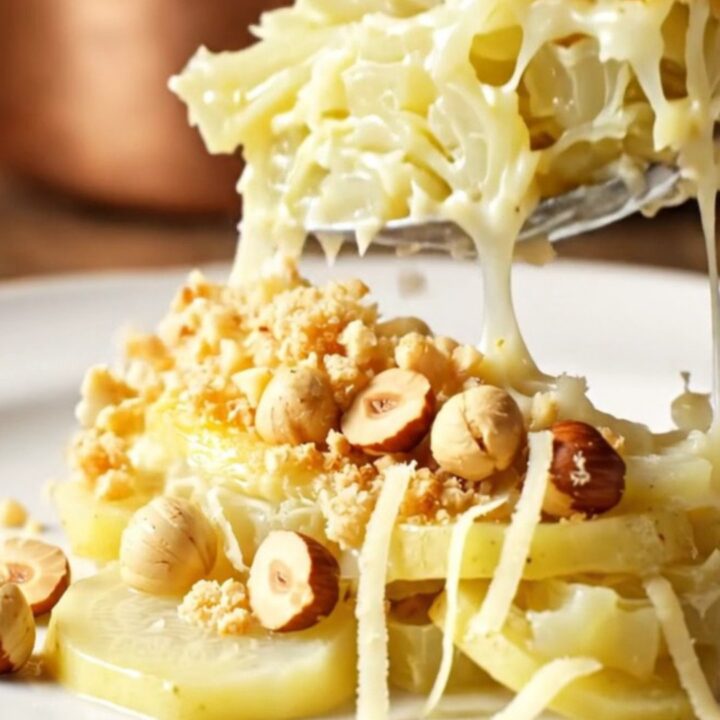 A close-up of a creamy celeriac and potato gratin in a ceramic dish with a golden, crunchy hazelnut-crust.