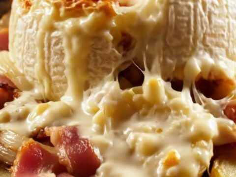 A bubbling cast-iron skillet of French Tartiflette with a golden, blistered cheese crust and visible bacon bits.