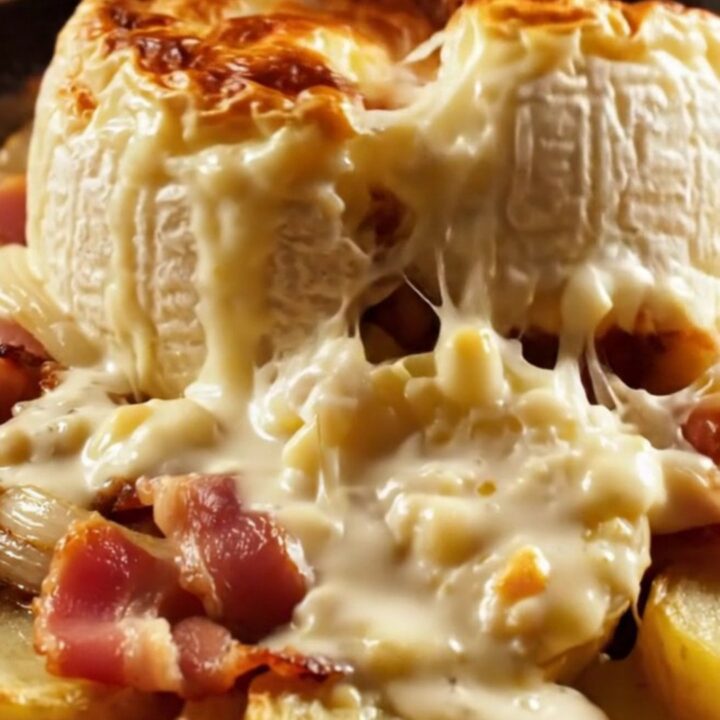 A bubbling cast-iron skillet of French Tartiflette with a golden, blistered cheese crust and visible bacon bits.