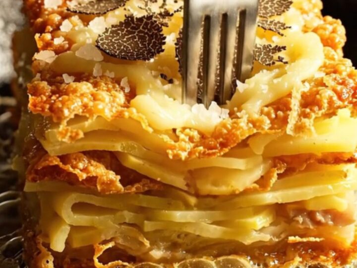 A golden, crispy 1000-layer potato terrine slab topped with melted Gruyère and shaved black truffle.