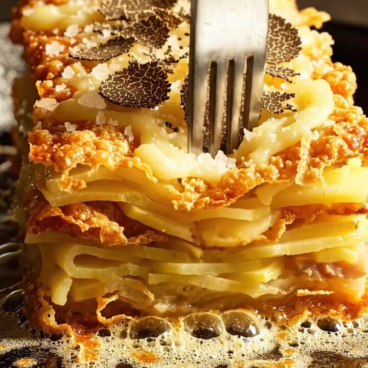 A golden, crispy 1000-layer potato terrine slab topped with melted Gruyère and shaved black truffle.