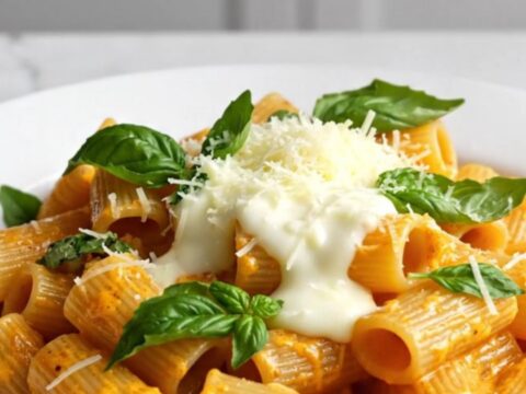 A close-up of rigatoni pasta coated in a rich, orange-colored spicy tomato cream sauce on a fork.