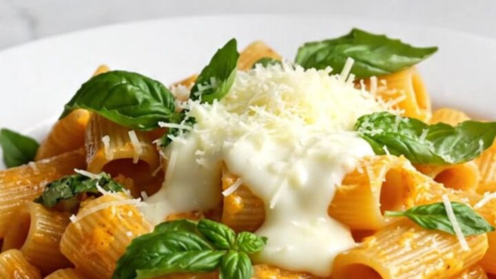 A close-up of rigatoni pasta coated in a rich, orange-colored spicy tomato cream sauce on a fork.