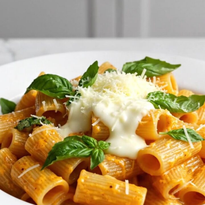 A close-up of rigatoni pasta coated in a rich, orange-colored spicy tomato cream sauce on a fork.