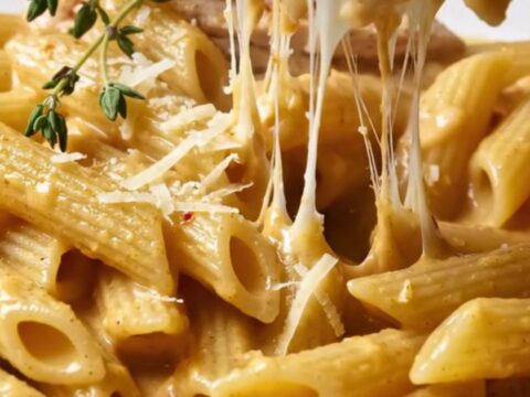 A close-up of golden seared chicken breast slices nestled in penne pasta with a creamy sun-dried tomato and Parmesan sauce.