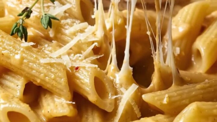 A close-up of golden seared chicken breast slices nestled in penne pasta with a creamy sun-dried tomato and Parmesan sauce.