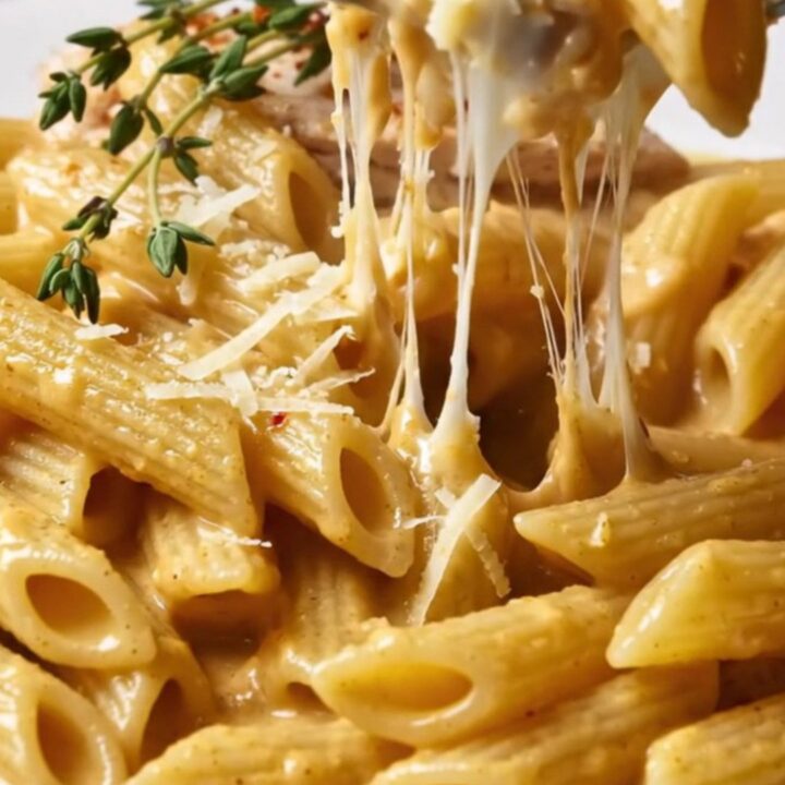 A close-up of golden seared chicken breast slices nestled in penne pasta with a creamy sun-dried tomato and Parmesan sauce.