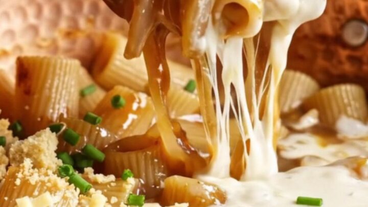 A close-up of rigatoni pasta coated in a dark, rich onion sauce with strings of melted Gruyère cheese.