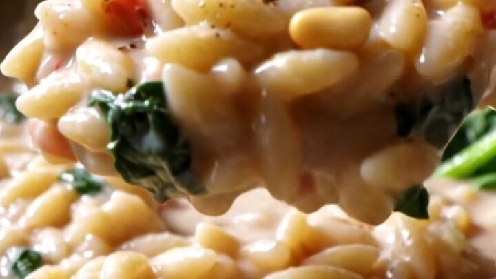 A close-up of creamy Tuscan orzo in a stainless steel pan, topped with pine nuts and cracked pepper.