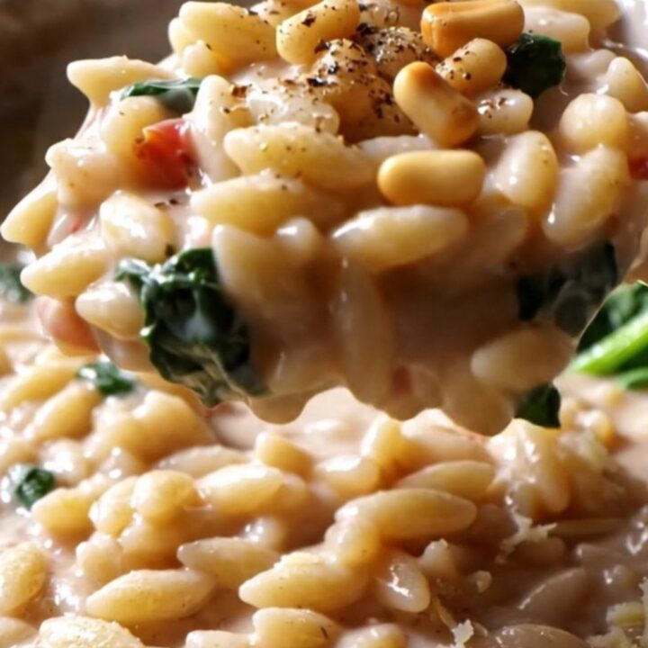 A close-up of creamy Tuscan orzo in a stainless steel pan, topped with pine nuts and cracked pepper.