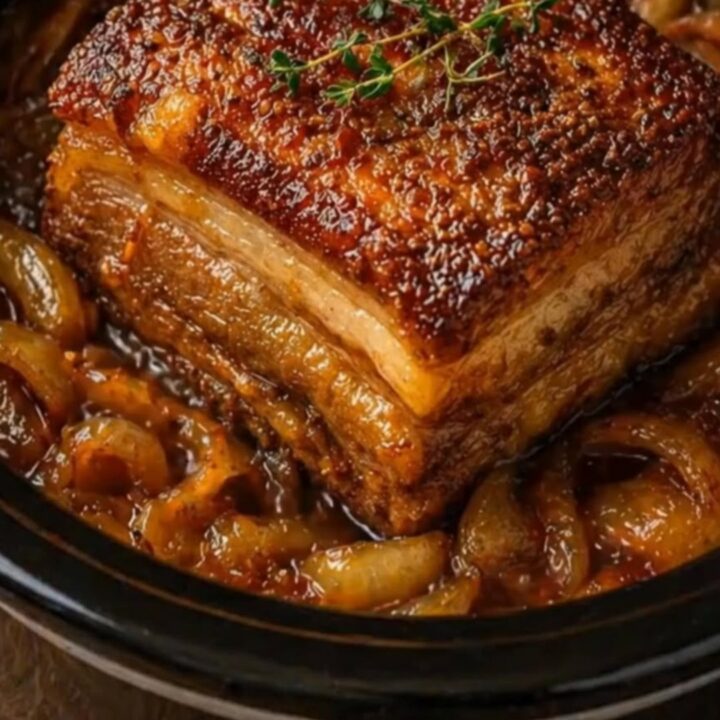 A caramelized square of slow-cooked pork belly with blistered crispy skin resting on braised onions in a black slow cooker