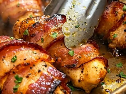 A tray of golden, crispy bacon-wrapped chicken drumsticks glistening under the kitchen lights.