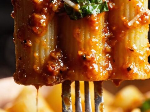 A close-up of giant paccheri pasta tubes coated in a vibrant red, creamy sauce with droplets of chili oil.