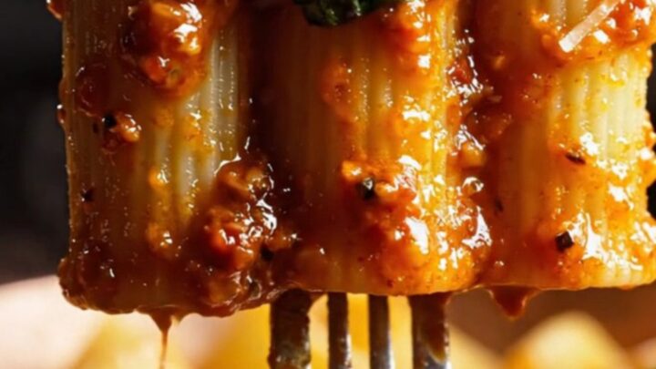 A close-up of giant paccheri pasta tubes coated in a vibrant red, creamy sauce with droplets of chili oil.