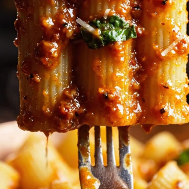 A close-up of giant paccheri pasta tubes coated in a vibrant red, creamy sauce with droplets of chili oil.
