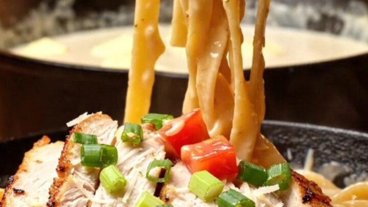A plate of fettuccine pasta tossed in creamy Cajun Alfredo sauce topped with blackened chicken slices.