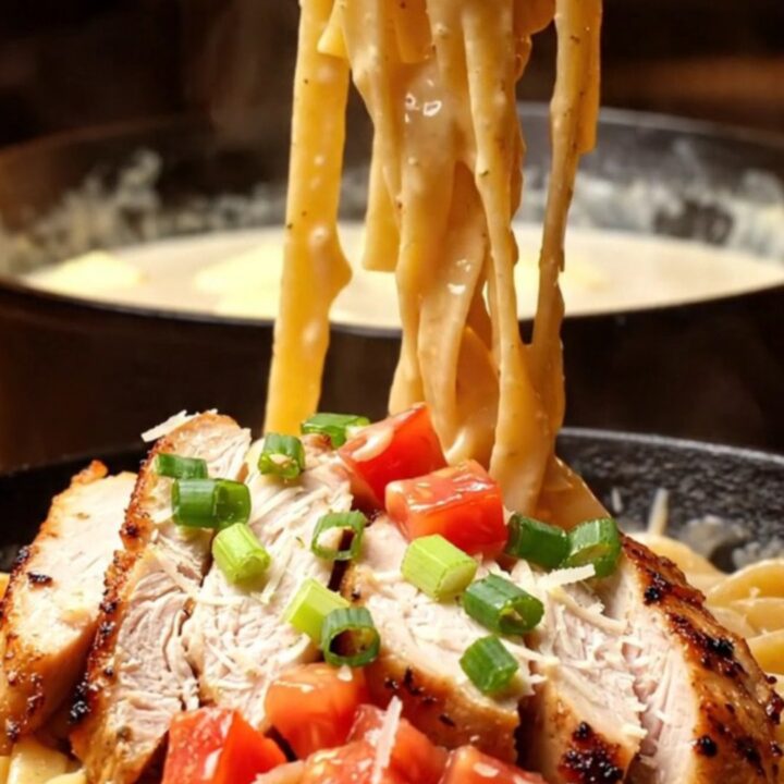 A plate of fettuccine pasta tossed in creamy Cajun Alfredo sauce topped with blackened chicken slices.