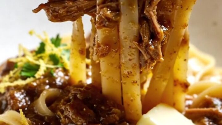 A close-up of fork-shredded braised beef short rib ragu over fresh tagliatelle topped with Parmesan.