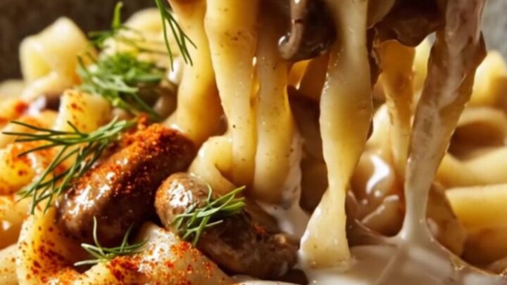 A close-up of creamy mushroom Stroganoff with wavy noodles, garnished with fresh dill and smoked paprika.