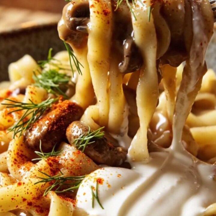 A close-up of creamy mushroom Stroganoff with wavy noodles, garnished with fresh dill and smoked paprika.