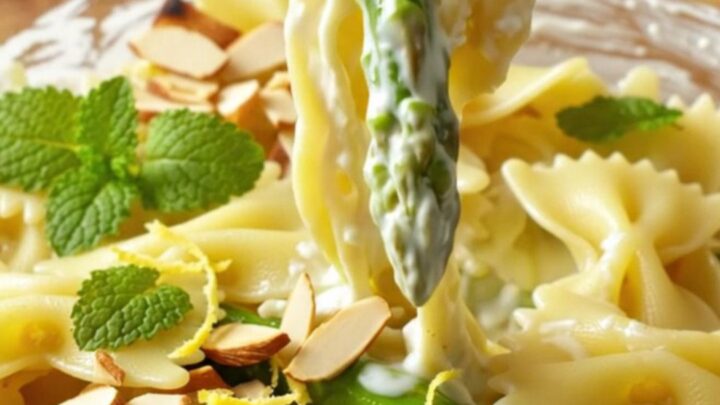 A bowl of farfalle pasta coated in a creamy lemon ricotta sauce with charred asparagus and toasted almonds.
