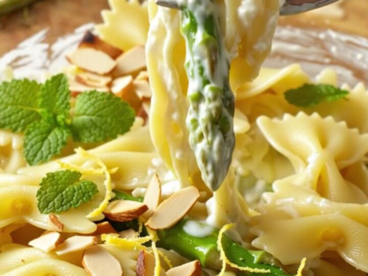 A bowl of farfalle pasta coated in a creamy lemon ricotta sauce with charred asparagus and toasted almonds.