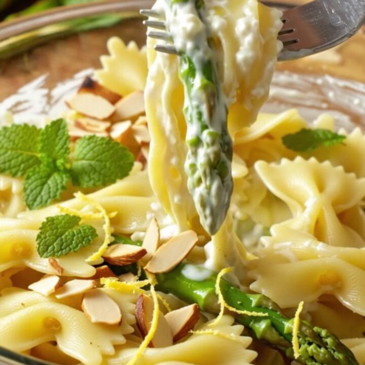 A bowl of farfalle pasta coated in a creamy lemon ricotta sauce with charred asparagus and toasted almonds.