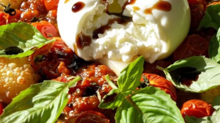 A close-up of crispy, golden-brown gnocchi and burst cherry tomatoes on a baking sheet, topped with fresh burrata.