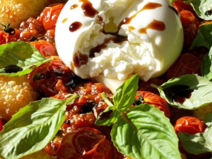 A close-up of crispy, golden-brown gnocchi and burst cherry tomatoes on a baking sheet, topped with fresh burrata.