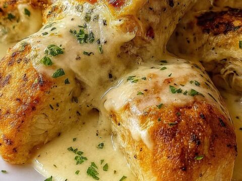 Golden, flaky baked chicken pillows topped with a creamy parmesan sauce and fresh parsley.