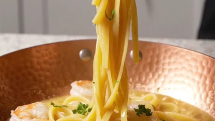 A plate of shrimp scampi linguine with fresh parsley and lemon slices in a bright kitchen.