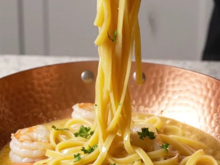 A plate of shrimp scampi linguine with fresh parsley and lemon slices in a bright kitchen.