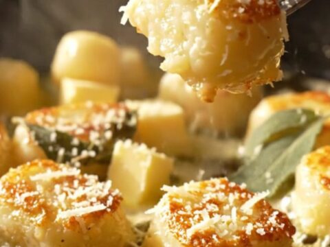 A close-up shot of pan-seared gnocchi with a golden-brown crust, glistening in brown butter and crispy sage leaves.