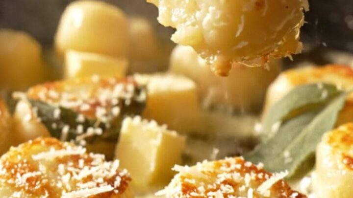 A close-up shot of pan-seared gnocchi with a golden-brown crust, glistening in brown butter and crispy sage leaves.