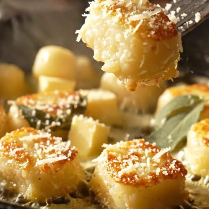 A close-up shot of pan-seared gnocchi with a golden-brown crust, glistening in brown butter and crispy sage leaves.