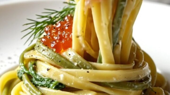 A close-up of smoked salmon fettuccine in a lemon cream sauce topped with salmon roe and fresh dill.