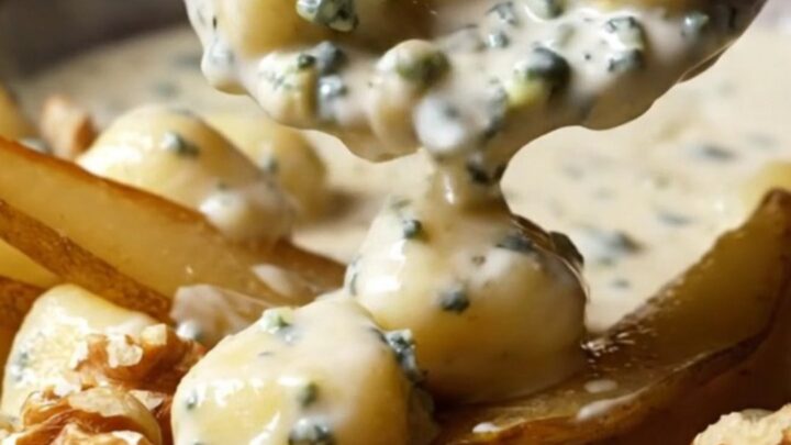 A copper skillet filled with creamy Gorgonzola gnocchi topped with golden caramelized pear slices and walnuts.